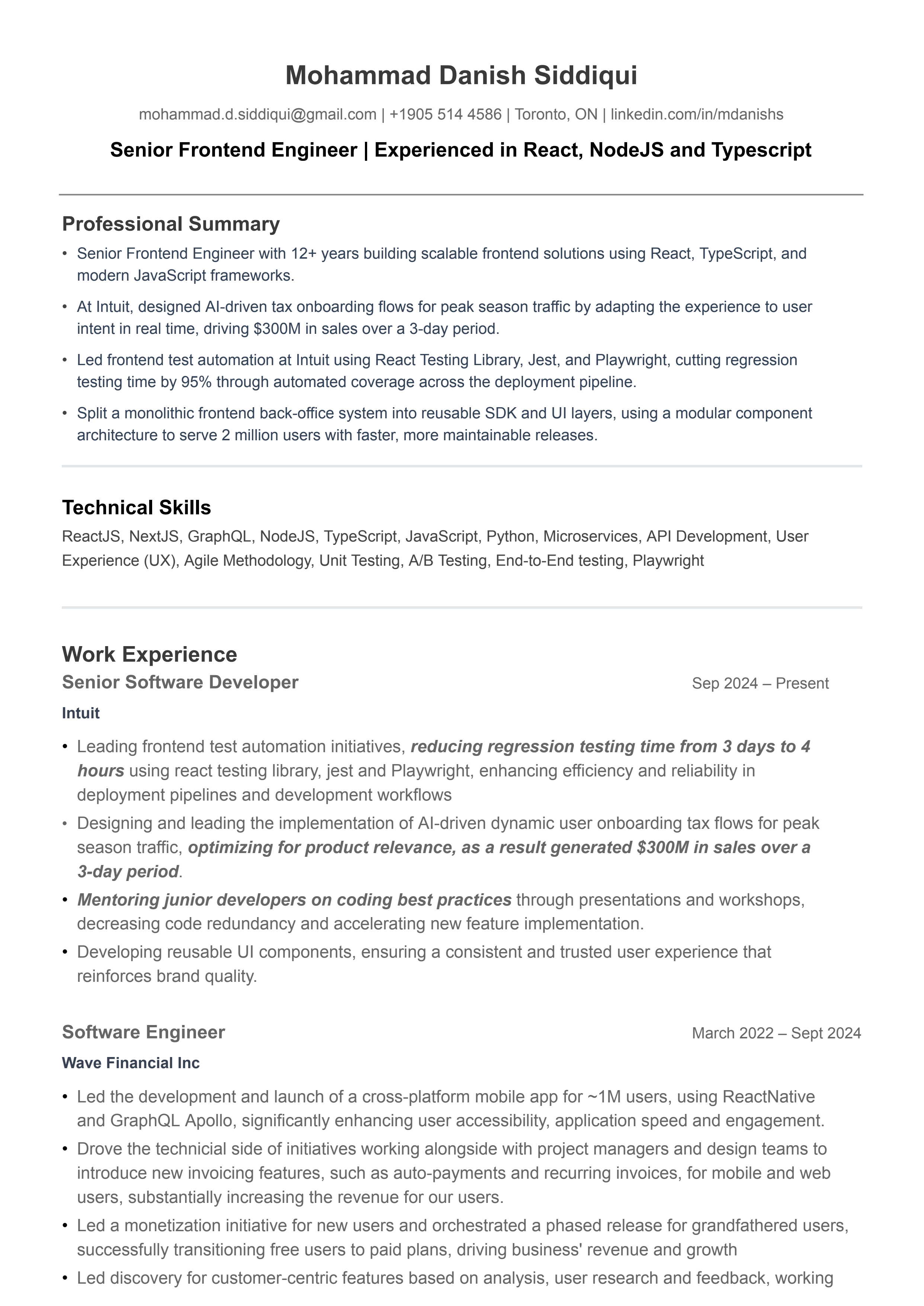 The same career on a resume with headings, space around each role, and results in bold.